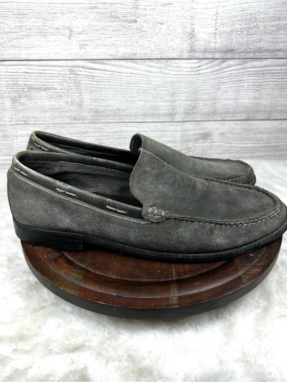John Varvatos Slip On Loafers Suede Leather Grey Men’s Shoes 12M Preppy FLAW
